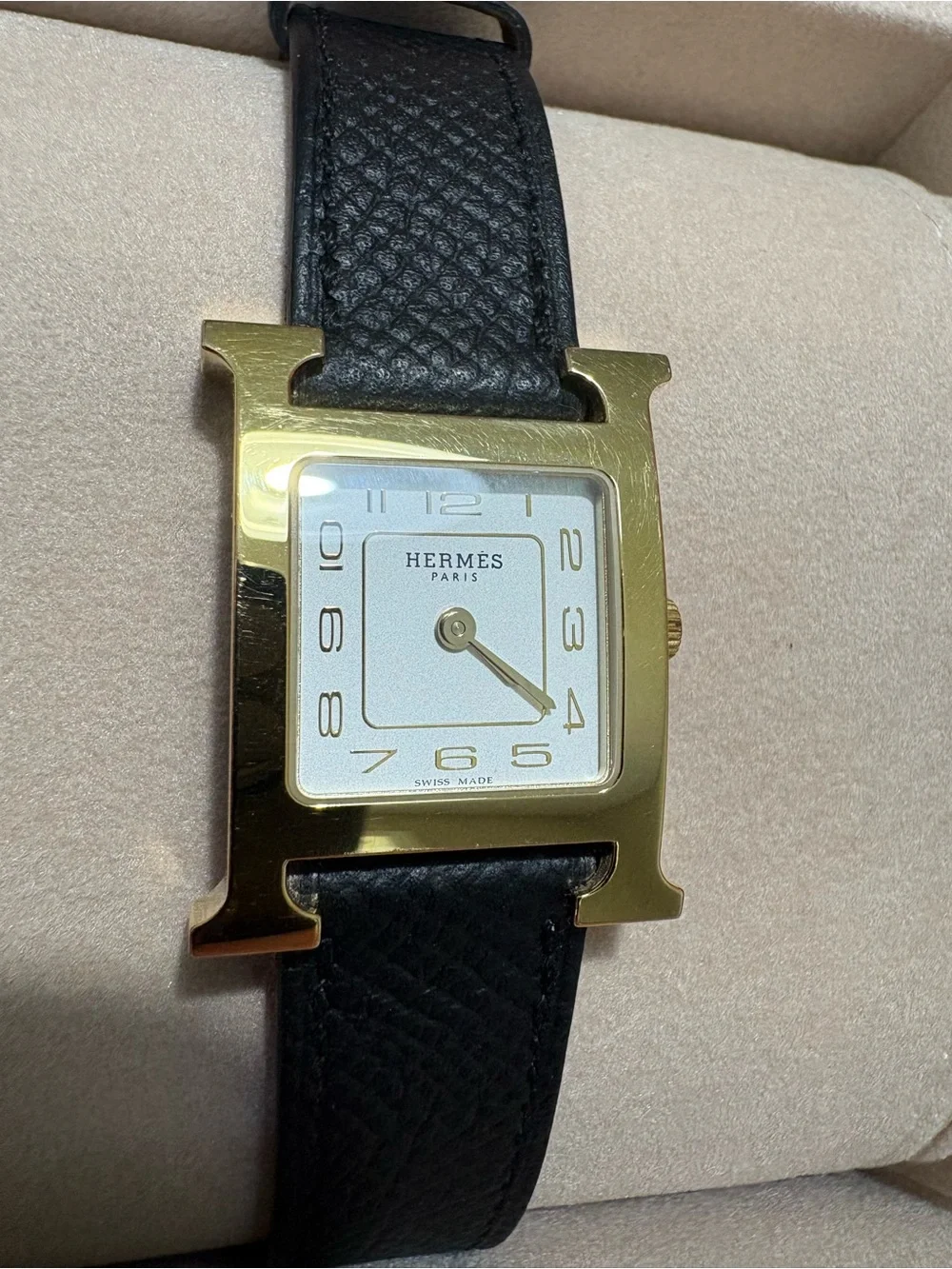 Hermès Huere H, Small Model, Gold Watch with Black Leather Strap